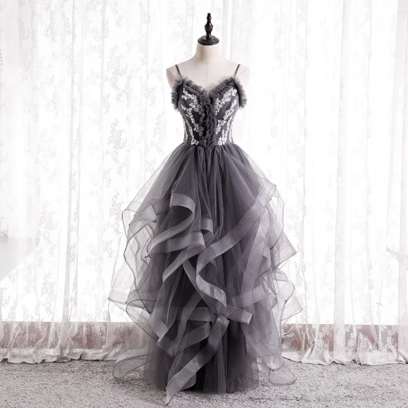 GRAY TULLE LACE LONG BALL GOWN DRESS FORMAL DRESS  Prom Dress     cg19895
