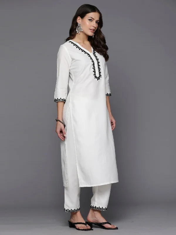Women's White Embroidered Straight Kurta Trousers With Dupatta Set - Indo Era Trousers Versatile Stylish Women's White Embroidered Straight Kurta Trousers With Dupatta Set - Indo Era Trousers Versatile Stylish