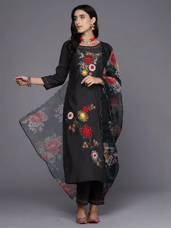 Women's Grey Embroidered Straight Kurta Trousers With Dupatta Set - Indo Era Trousers Pleated Formal Women's Grey Embroidered Straight Kurta Trousers With Dupatta Set - Indo Era Trousers Pleated Formal