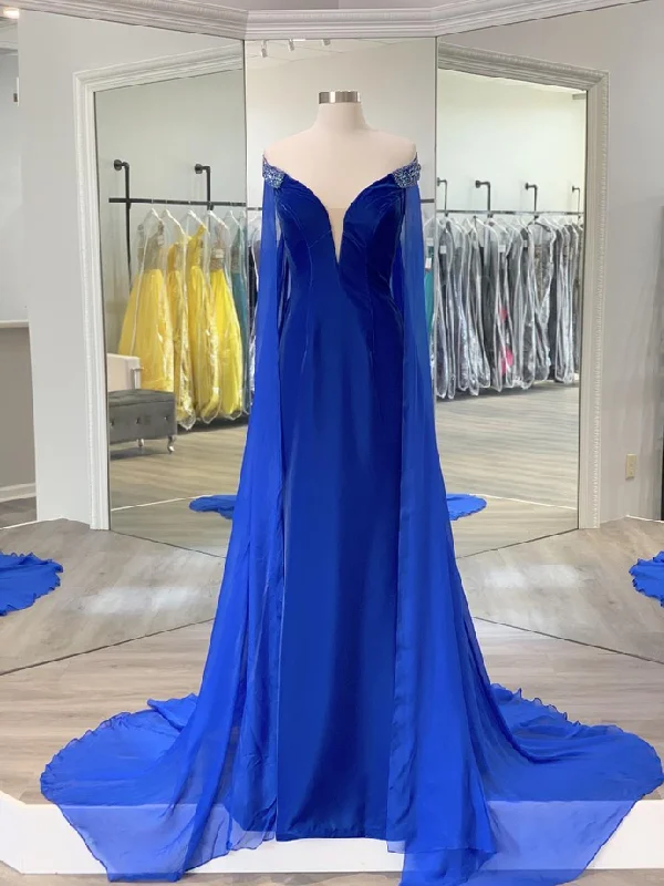 Royal Blue Velvet Elegant Red Carpet Couture Gowns with Chiffon Cape Bead-work Shoulder Off the Shoulder prom dress formal gowns    cg20152
