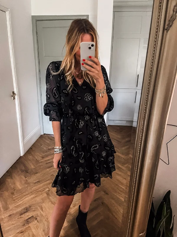 Gold Paisley Sparkle Detail Frill Dress
