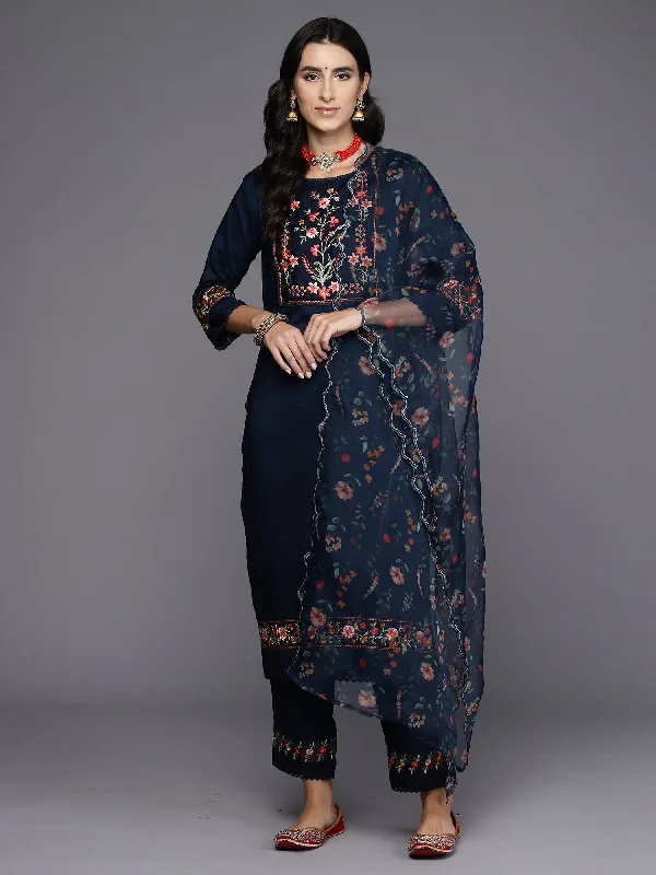 Women's Blue Embroidered Straight Kurta Trousers With Dupatta Set - Indo Era Trousers Low Rise Relaxed Women's Blue Embroidered Straight Kurta Trousers With Dupatta Set - Indo Era Trousers Low Rise Relaxed