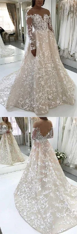 Elegant A-Line Illusion Beteau Long Sleeves Ivory Lace Wedding prom Dress     cg19903