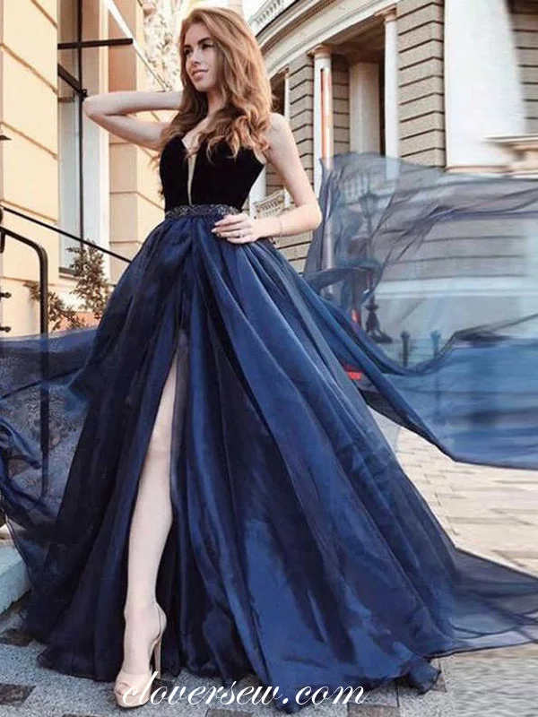 Navy Organza High Slit Beading Belt Sleeveless Prom Dresses, CP0019