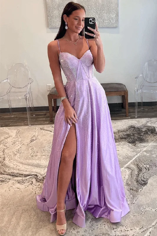 Purple Spaghetti Straps Rhinestone Pleated Long Prom Dress with Slit