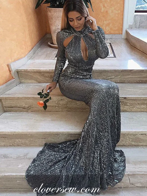 Dark Grey Sequin Long Sleeves High Neck Mermaid Sparkly Formal Dresses, CP0022