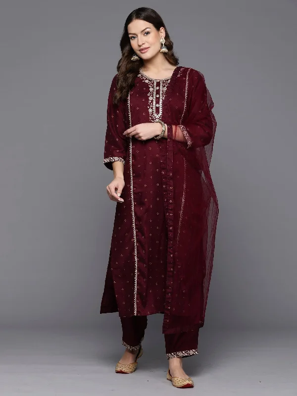 Women's Burgundy Embroidered Straight Kurta Trousers With Dupatta Set - Indo Era Trousers Custom Made Women's Burgundy Embroidered Straight Kurta Trousers With Dupatta Set - Indo Era Trousers Custom Made