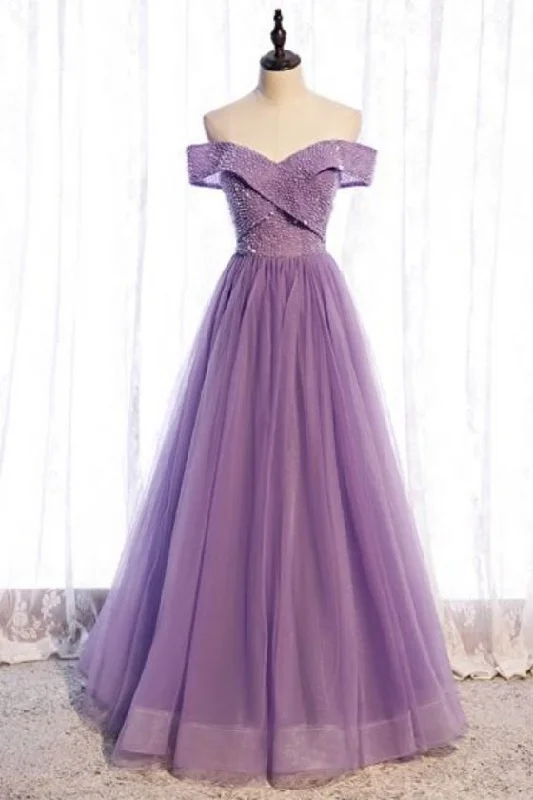 Princess Off the Shoulder Beaded Lilac Long Prom Dress    cg20140