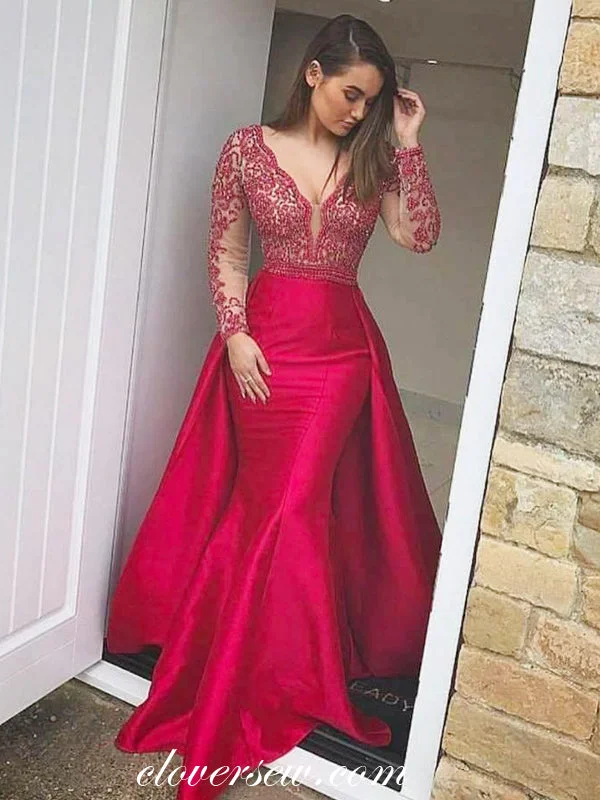 Red Bead Lace Long Sleeves Detachable Train Mermaid Prom Dresses , CP0060