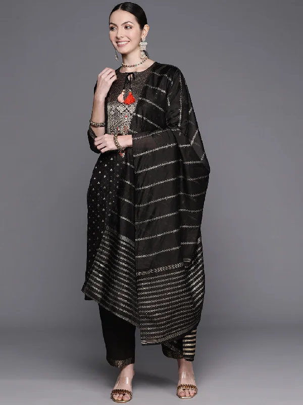 Women's Black Embroidered Straight Kurta Trousers With Dupatta Set - Indo Era Trousers practical durable Women's Black Embroidered Straight Kurta Trousers With Dupatta Set - Indo Era Trousers practical durable