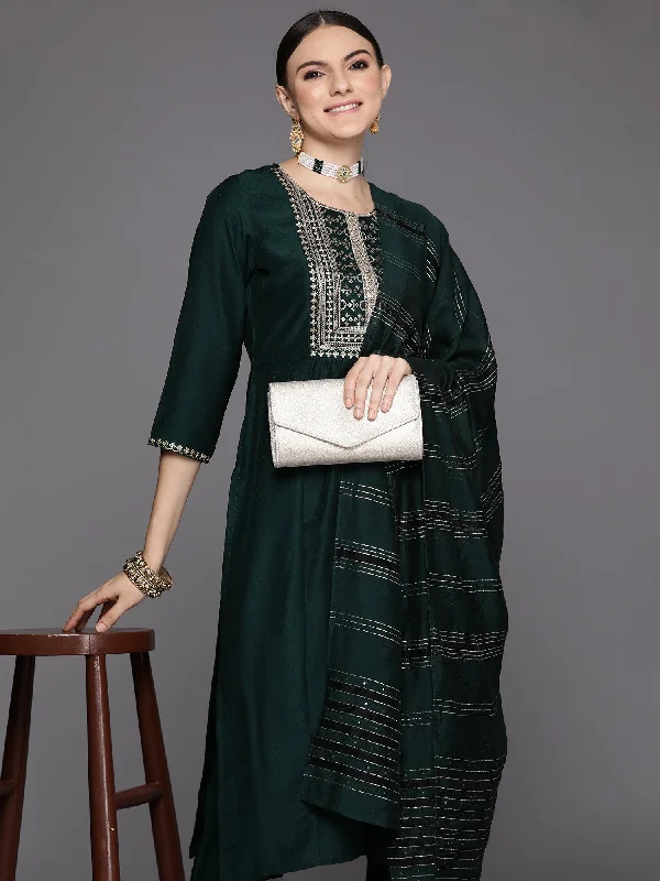 Women's Green Embroidered A-Line Kurta Trousers With Dupatta Set - Indo Era Trousers versatile functional Women's Green Embroidered A-Line Kurta Trousers With Dupatta Set - Indo Era Trousers versatile functional