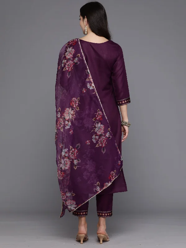 Women's Purple Yoke Design Straight Kurta Trousers With Dupatta Set - Indo Era Trousers sophisticated sleek Women's Purple Yoke Design Straight Kurta Trousers With Dupatta Set - Indo Era Trousers sophisticated sleek