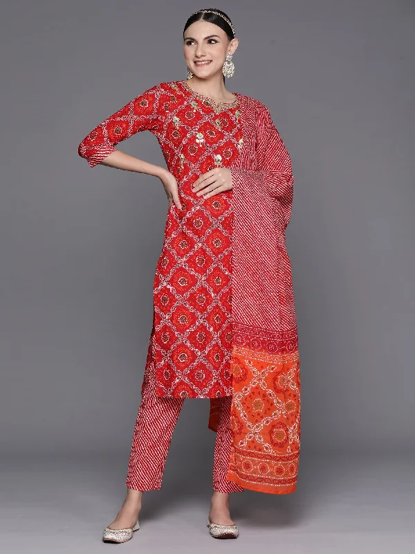 Women's Red Printed Straight Kurta Trousers With Dupatta Set - Indo Era Trousers fashionable chic Women's Red Printed Straight Kurta Trousers With Dupatta Set - Indo Era Trousers fashionable chic
