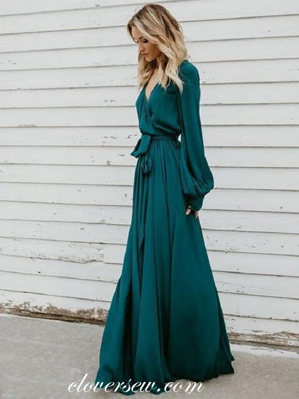 V-neck Long Sleeves Teal Chiffon High Slit Prom Dresses,CP0003