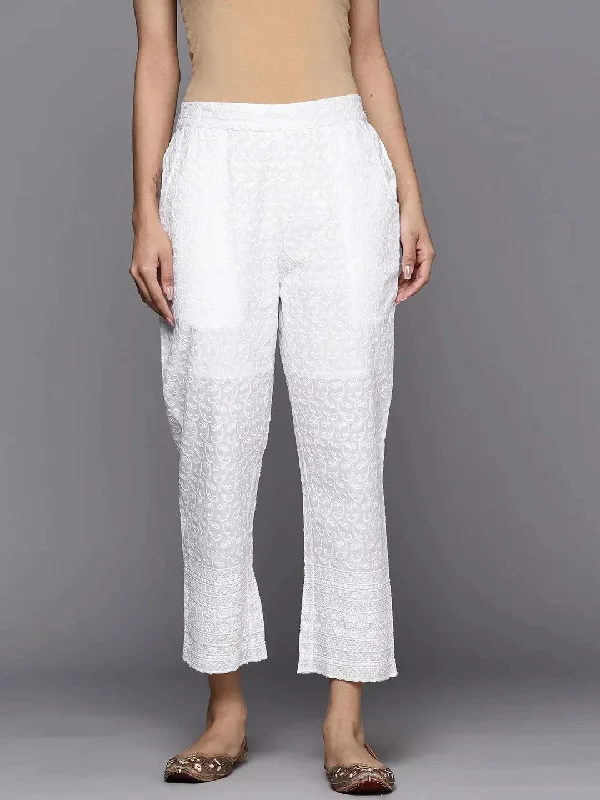 White Embroidered Cotton Trousers Trousers Formal Black