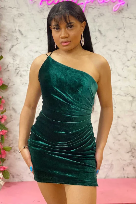 Short Emerald One-Shoulder Ruched Cocktail Dress