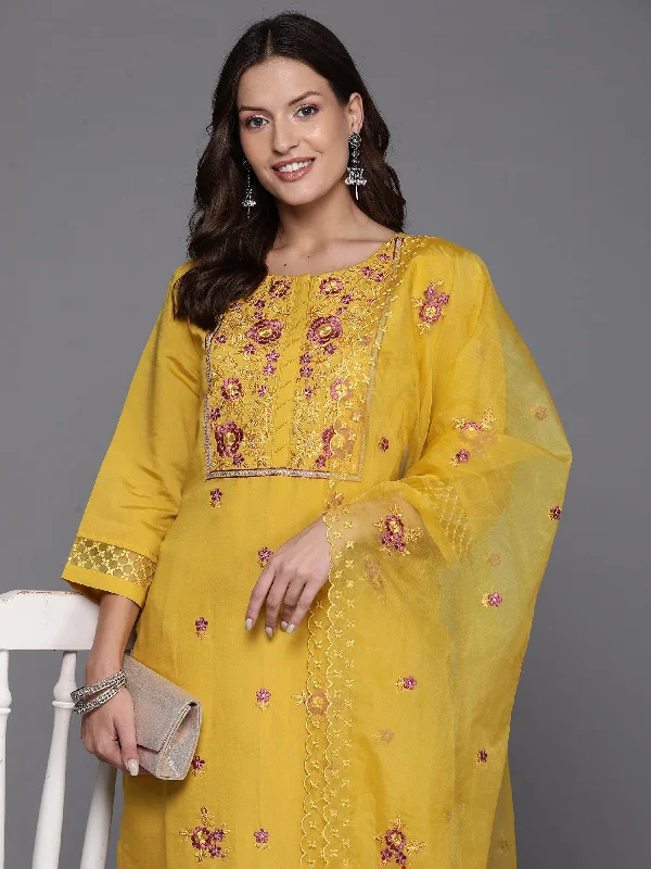 Women's Yellow Embroidered Straight Kurta Trousers With Dupatta Set - Indo Era High Waist Slim Fit Ankle Length Women's Yellow Embroidered Straight Kurta Trousers With Dupatta Set - Indo Era High Waist Slim Fit Ankle Length