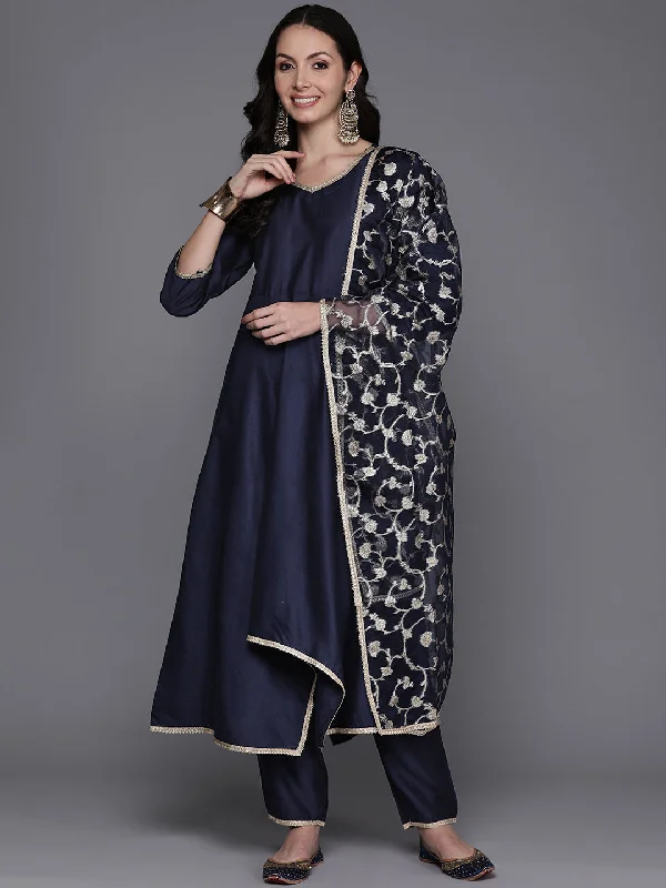 Women's Navy Blue Solid A-Line Kurta Trousers With Dupatta Set - Indo Era Trousers versatile all-occasion Women's Navy Blue Solid A-Line Kurta Trousers With Dupatta Set - Indo Era Trousers versatile all-occasion