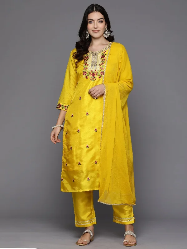 Women's Yellow Embroidered Straight Kurta Trousers With Dupatta Set - Indo Era Trousers Essential Wardrobe Women's Yellow Embroidered Straight Kurta Trousers With Dupatta Set - Indo Era Trousers Essential Wardrobe