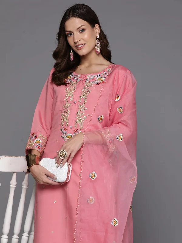 Women's Pink Embroidered Straight Kurta Trousers With Dupatta Set - Indo Era Skinny Trousers Denim Stretchy Women's Pink Embroidered Straight Kurta Trousers With Dupatta Set - Indo Era Skinny Trousers Denim Stretchy