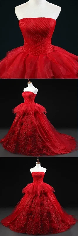 Red tulle strapless A-line ball gown, red lace customize evening dress Prom Dresses   cg19792