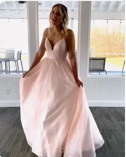 Elegant V-neck Prom Dress, Spaghetti Straps Pink Prom Dress     cg20092