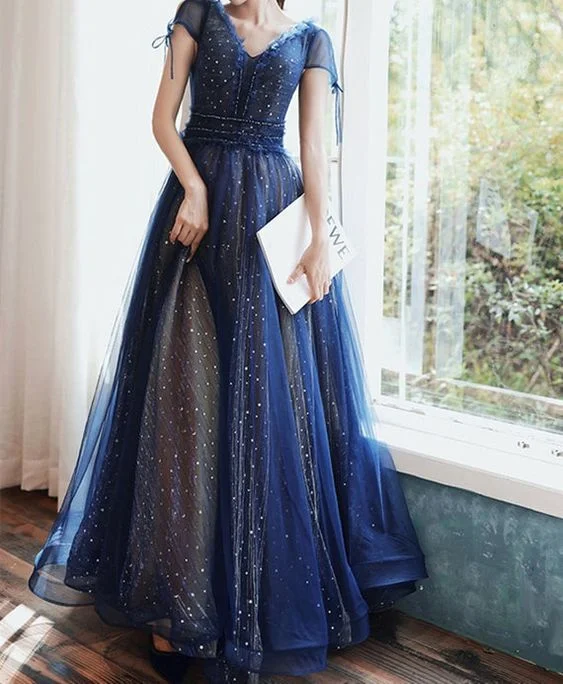 Stars Moon Sequins Prom Dress Navy Blue Long Evening Dress V Neck Banquet Dress cg20120 Stars Moon Sequins Prom Dress Navy Blue Long Evening Dress V Neck Banquet Dress cg20120
