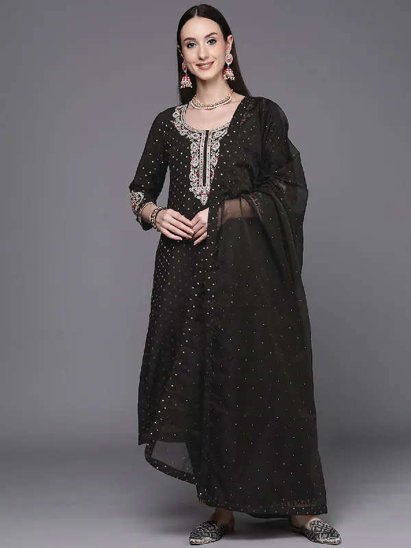 Women's Black Embroidered Straight Kurta Trousers With Dupatta Set - Indo Era Trousers Culottes Wide Leg Women's Black Embroidered Straight Kurta Trousers With Dupatta Set - Indo Era Trousers Culottes Wide Leg