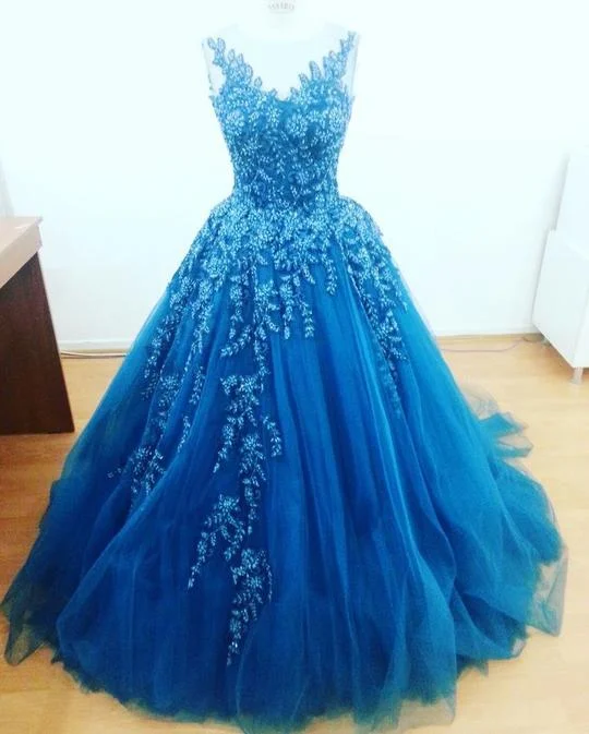 V Neck Tulle Prom Dresses Pageant Gowns with Appliques    cg19803