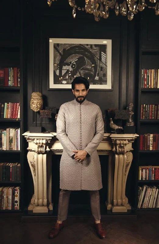 Traditional Embroidered Sherwani with Raw Silk Trousers Trousers Modern Contemporary