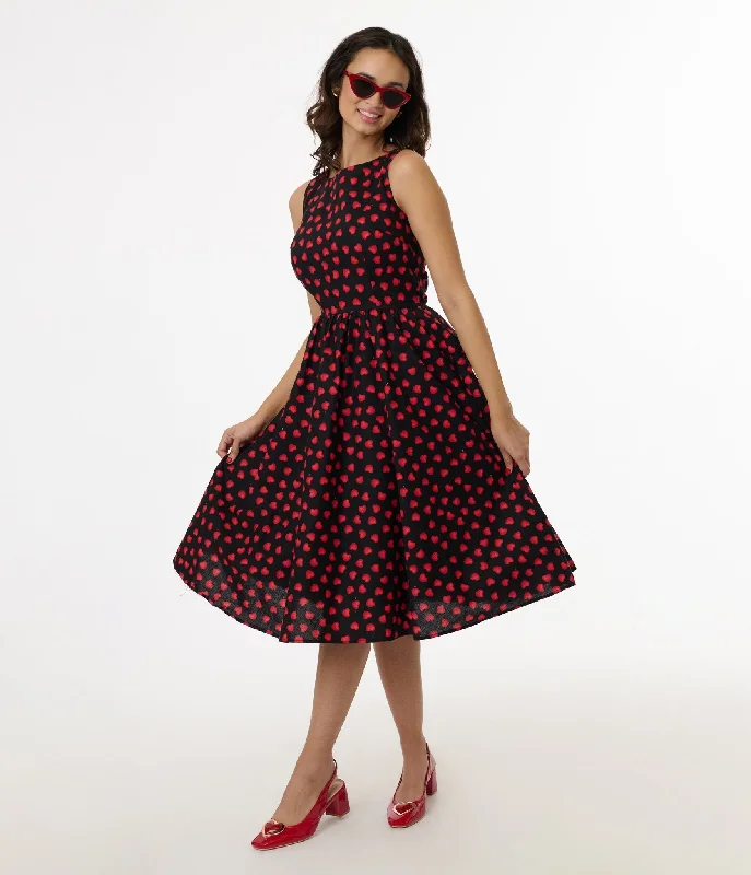 Retrolicious 1950s Black & Red Heart Cotton Swing Dress