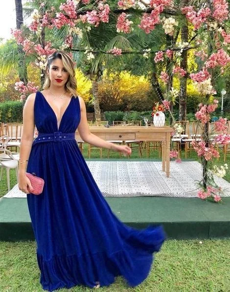 Royal Blue V-neck A-line Prom Dresses    cg19787