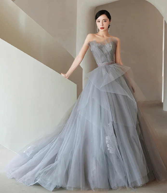 GRAY TULLE LACE LONG BALL GOWN PROM DRESS FORMAL DRESS     cg19971