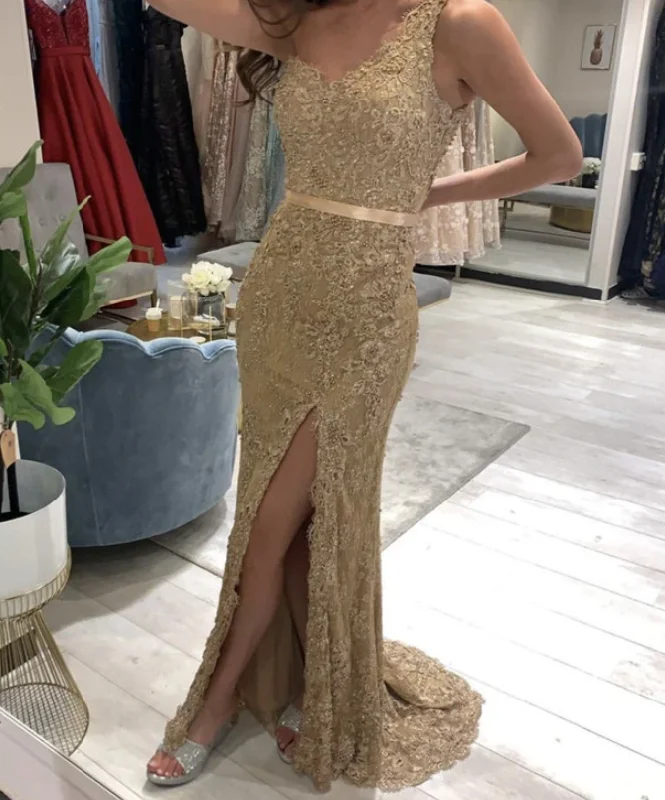 Prom Dresses One Shoulder Lace Mermaid Split Dresses    cg19805