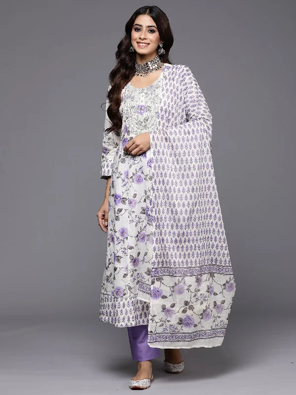 Women's Off White Embroidered A-Line Kurta Trousers With Dupatta Set - Indo Era Trousers Solid Black Women's Off White Embroidered A-Line Kurta Trousers With Dupatta Set - Indo Era Trousers Solid Black