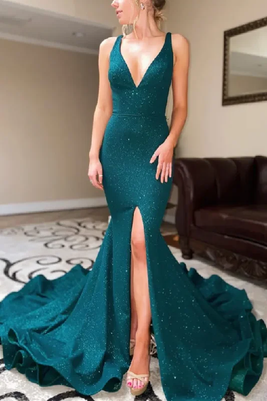 Mermaid Low V-Neck Sleeveless Ruched Formal Prom Dress with Slit