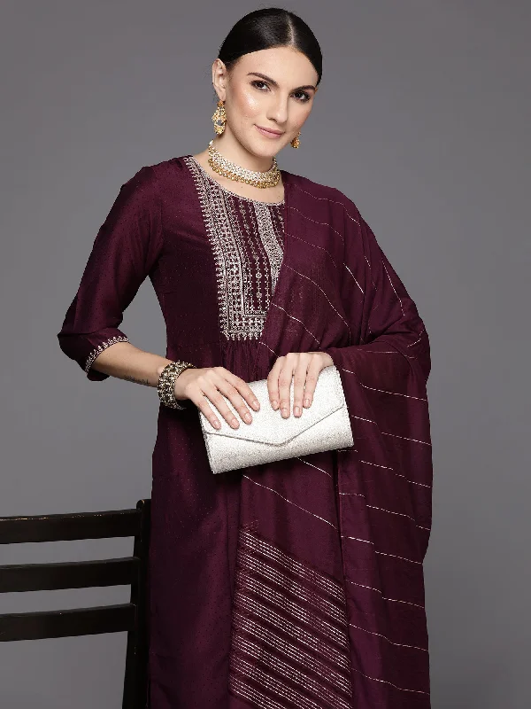 Women's Burgundy Embroidered A-Line Kurta Trousers With Dupatta Set - Indo Era Trousers stylish modern Women's Burgundy Embroidered A-Line Kurta Trousers With Dupatta Set - Indo Era Trousers stylish modern