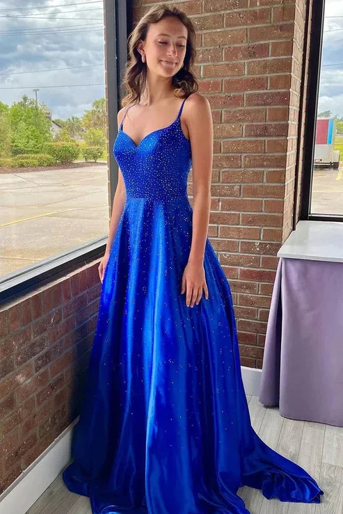 Royal Blue Rhinestone V-Neck Spaghetti Straps Pleated Prom Dress