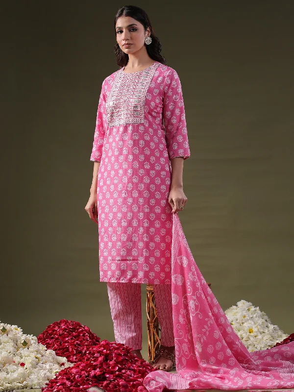 Women's Pink Printed Straight Kurta Trousers With Dupatta Set - Indo Era Trousers luxurious premium Women's Pink Printed Straight Kurta Trousers With Dupatta Set - Indo Era Trousers luxurious premium