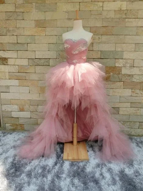 Hi-lo Tulle Prom Dress Strapless Pleated Beaded Prom Dress    cg19784