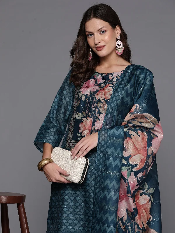 Women's Teal Printed Straight Kurta Trousers With Dupatta Set - Indo Era Cropped Trousers Casual Linen Women's Teal Printed Straight Kurta Trousers With Dupatta Set - Indo Era Cropped Trousers Casual Linen