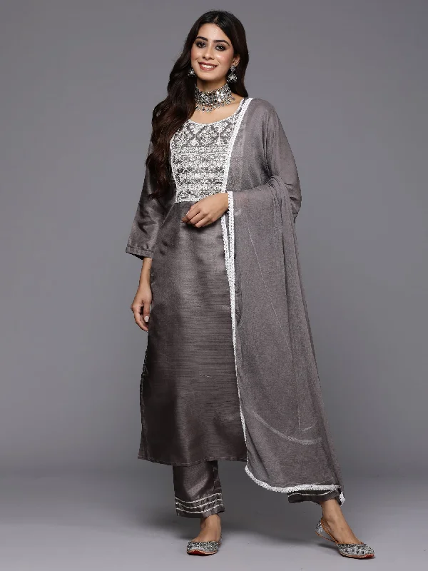 Women's Grey Embroidered Straight Kurta Trousers With Dupatta Set - Indo Era Trousers Elastic Waist Soft Women's Grey Embroidered Straight Kurta Trousers With Dupatta Set - Indo Era Trousers Elastic Waist Soft