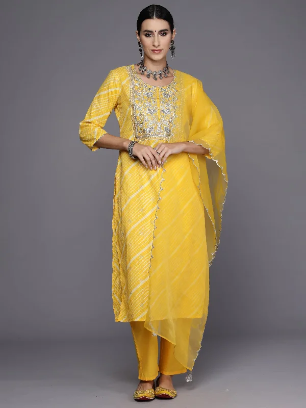 Women's Yellow Embroidered Straight Kurta Trousers With Dupatta Set - Indo Era Trousers Tapered Slim Fit Women's Yellow Embroidered Straight Kurta Trousers With Dupatta Set - Indo Era Trousers Tapered Slim Fit