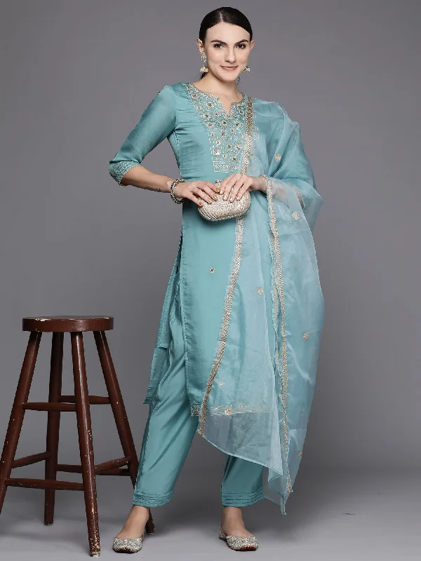 Women's Blue Embroidered Straight Kurta Trousers With Dupatta Set - Indo Era Trousers luxurious high-end Women's Blue Embroidered Straight Kurta Trousers With Dupatta Set - Indo Era Trousers luxurious high-end
