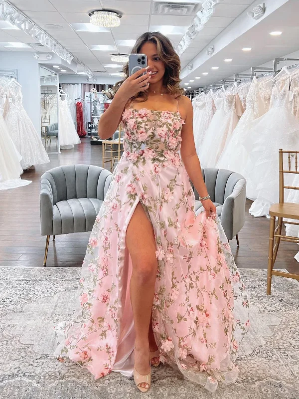 A-line Spaghetti Straps 3D Floral Lace Pink Prom Dress Long Evening Dresses #JKSS11