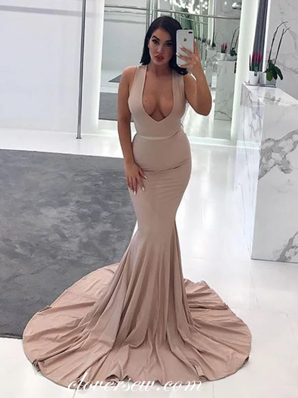 Sexy Nude V-neeck Sleeveless Mermaid Formal Dresses, CP0007