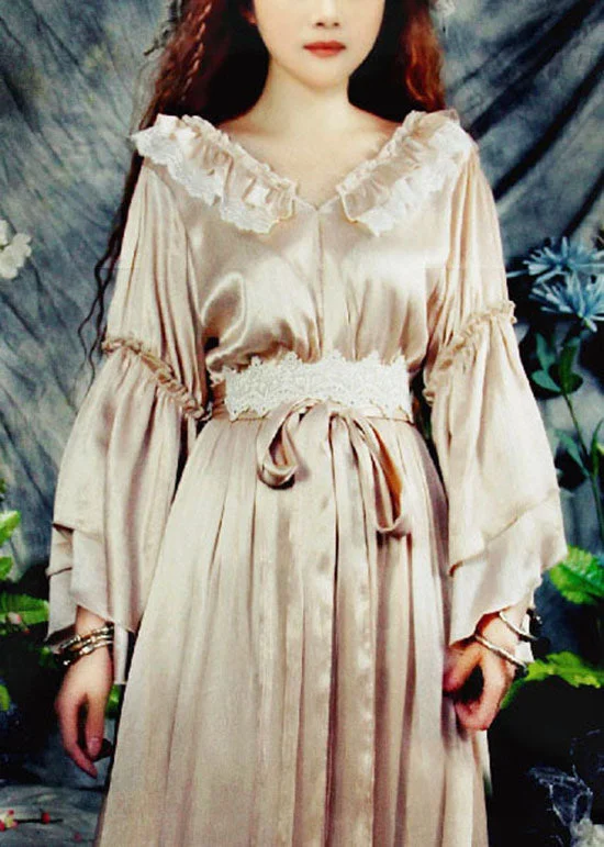 Italian Champagne V Neck Ruffled Silk Long Dresses Bracelet Sleeve