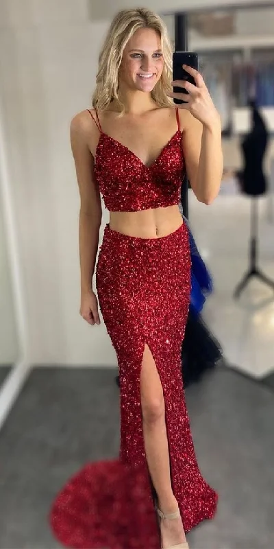 two piece red sequins sparkle prom dress with straps bodice and mermaid skirt with slit cg19736 two piece red sequins sparkle prom dress with straps bodice and mermaid skirt with slit cg19736