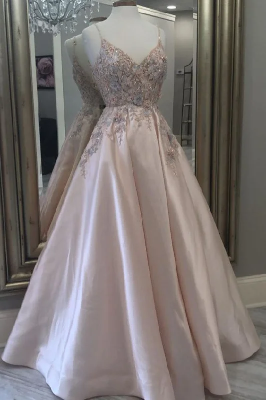 A-line pink satin long prom dress formal dress with v neckline and lace appliques    cg19976