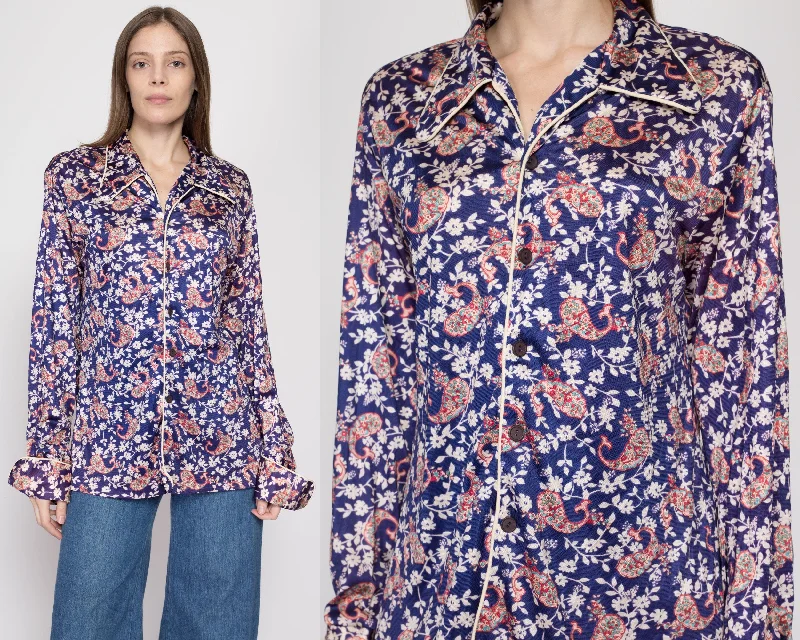 70s Mr. Jan Purple Floral Satin Shirt Fitted T-Shirt Seamless Stretchy